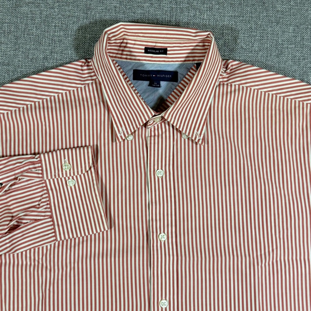 Tommy Hilfiger Button Down Shirt Mens 17 34-35 Red Striped Prep Business Casual